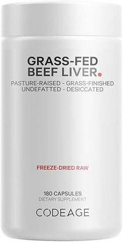 Superalimento de Fígado Bovino Desidratado, Não Desengordurado, em Cápsulas Glandulares, Vitaminas de Fígado Bovino, Carne de Fígado Não-OGM, Criado em Pasto - Codeage