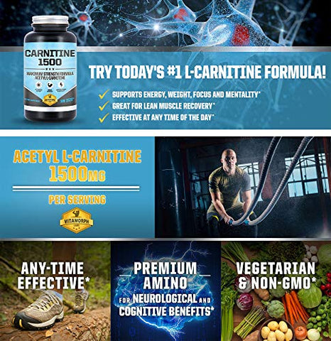 Vitamorph - Carnitina 1500 – Suplemento de Carnitina Acetil L-Carnitina 1500mg de Força Máxima – Suporta Energia, Memória, Foco e Gerenciamento de Perda de Peso – 120 Cápsulas Vegetarianas