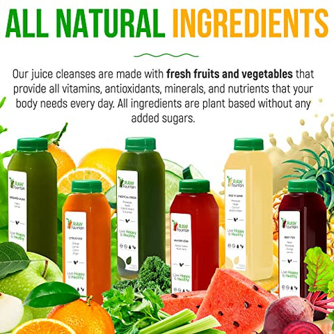3 Day Juice Cleanse Raw Fountain – Sabores Tropicais, Sucos Naturais e Preparados a Frio de Frutas e Vegetais, Desintoxicação, 18 Garrafas 355ml, 3 Shots de Gengibre Extra