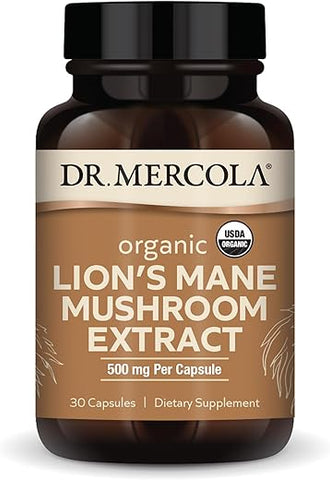 Extrato de Cogumelo do Leão Orgânico, 30 Porções (30 Cápsulas), 500 mg Por Cápsula, Suplemento Alimentar, Suporta o Foco Mental - Dr. Mercola