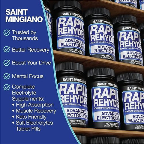 Saint Mingiano - Suplemento Eletrolítico Rapid Rehydr8 100 Cápsulas – Auxilia na Prevenção de Cãibras e Apoia a Resistência Muscular e Recuperação – 100 Cápsulas Fáceis de Engolir