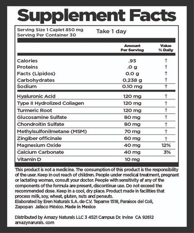 Umovy - Artix 30 Caplets 850 mg Colágeno Tipo II Hidrolisado, Ácido Hialurônico, Cúrcuma, Glucosamina, Condroitina, MSM, Gengibre, Magnésio, Cálcio, Vitamina D – Comprimidos