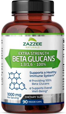 Extra Strength 1,3/1,6 Beta Glucans 1000 mg – 90 Cápsulas Veganas – Reforça o Sistema Imunológico – 100% Vegetariano e Natural - Zazzee