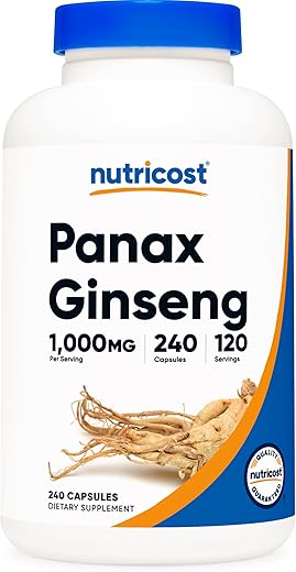 Panax Ginseng 1000mg – 240 Cápsulas | Sem GMO, Sem Glúten | 120 Porções - Nutricost