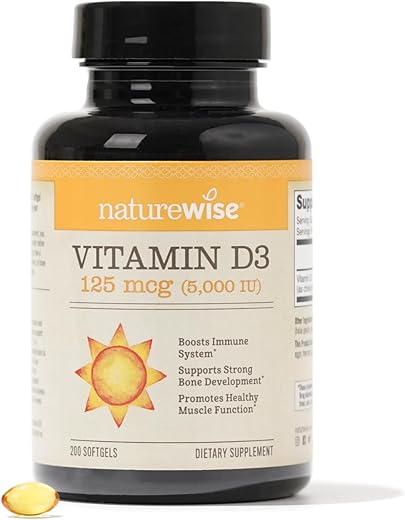 Vitamina D3 5000UI (125 mcg) – Função Muscular Saudável e Suporte Imunológico – Livre de Transgênicos e Glúten – Óleo de Oliva Extra Virgem – Embalagem Variada (Mini Softgel) – 200 Unidades - NatureWise