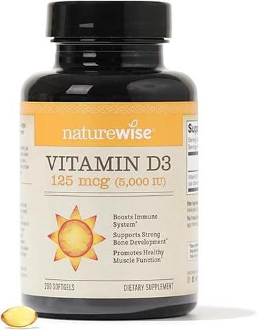 Vitamina D3 5000UI (125 mcg) – Função Muscular Saudável e Suporte Imunológico – Livre de Transgênicos e Glúten – Óleo de Oliva Extra Virgem – Embalagem Variada (Mini Softgel) – 200 Unidades - NatureWise