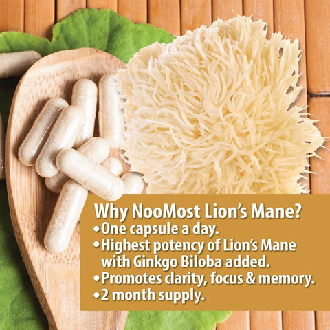 NooMost - Suplemento de Cogumelo do Leão Orgânico em Cápsulas 5400mg, Ginkgo Biloba 120mg – Vegan Lion Mane para Função Cognitiva, Clareza Mental, Foco