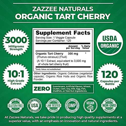 Extrato de Cereja Azeda Orgânica USDA 10:1, 3000 mg, 120 Cápsulas Veganas, 4 Meses de Suprimento, Concentrado 10X Padronizado, 100%% Vegetariano, Certificado Orgânico - Zazzee
