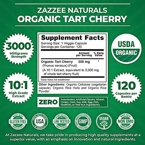 Extrato de Cereja Azeda Orgânica USDA 10:1, 3000 mg, 120 Cápsulas Veganas, 4 Meses de Suprimento, Concentrado 10X Padronizado, 100%% Vegetariano, Certificado Orgânico - Zazzee