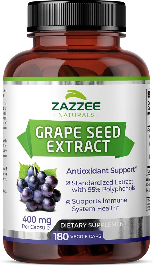 Extrato de Semente de Uva 50:1, 20.000 mg, 180 Cápsulas Veganas, 95%% Polifenóis, Suprimento de 6 Meses, Concentrado, Extrato Padronizado 50X, 400 mg por Cápsula - Zazzee