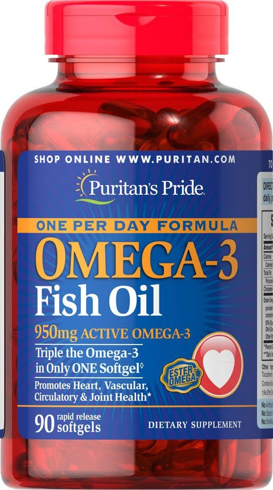 Puritan's Pride - Puritan’s Pride Ômega-3 Fish Oil 1360 mg (950 mg Ômega-3 Ativo) – 90 Softgels, 90 Unidades