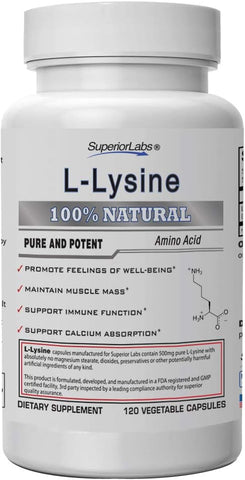 Melhor L-Lisina Não-OGM – Suplemento Alimentar – 500 mg de L-Lisina Ativa Pura – 120 Cápsulas Vegetais – Suporta Absorção de Cálcio – Sistema Imunológico - Superior Labs