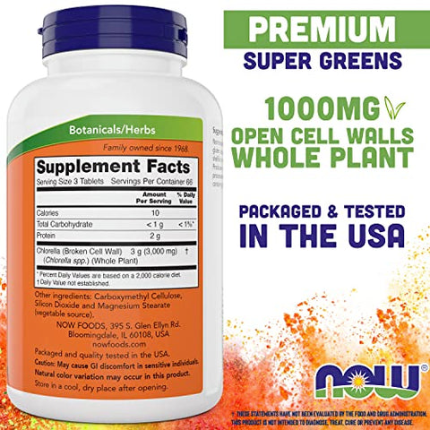 NOW Foods - Now Chlorella 1000mg Tablets – 200 Unidades (Pacote com 2) – Clorofila Natural, Beta-Caroteno – Não-OGM, Vegano – Suplemento Alimentar Verde para Mulheres e Homens