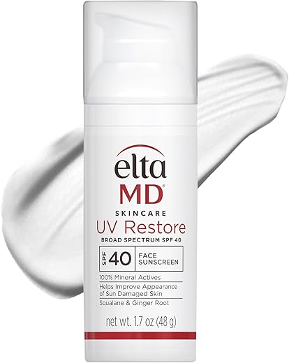 EltaMD UV Restore Protetor Solar Facial, FPS 40, Fórmula de Protetor Solar Mineral para Reparação da Pele Danificada pelo Sol, Fórmula de Protetor Solar de Óxido de Zinco Anti-Envelhecimento, Tubo de 2 g