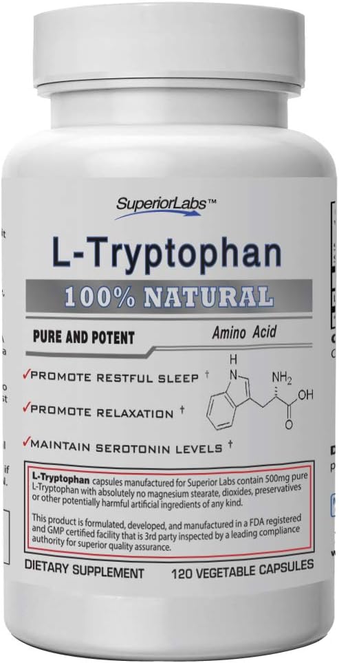 L-Triptofano Puro – 500mg, 120 Cápsulas Vegetais – Suplemento Alimentar Não-OGM para um Sono Repousante - Superior Labs