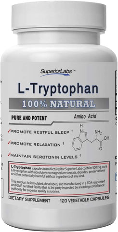 L-Triptofano Puro – 500mg, 120 Cápsulas Vegetais – Suplemento Alimentar Não-OGM para um Sono Repousante - Superior Labs