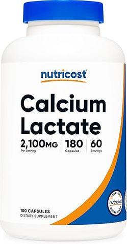 Calcium Lactate 2,100mg – 180 Cápsulas Veganas, Sem OGM e Sem Glúten – 60 Porções - Nutricost