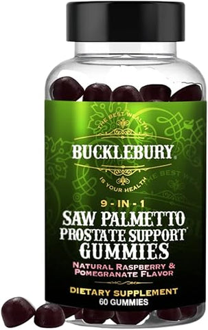 BUCKLEBURY - Gomas de Saw Palmetto 9 em 1 para Suporte à Próstata e ao Sistema Urinário – Sabor Natural de Framboesa e Romã – Suplemento Alimentar à Base de Plantas para Esvaziamento da Bexiga e Queda de Cabelo – 60 g