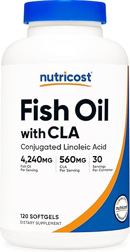 Óleo de Peixe com CLA (120 Softgels) – 4240mg Óleo de Peixe e 560mg Ácido Linoleico Conjugado por Porção, Livre de OGM, Sem Glúten, 30 Porções - Nutricost