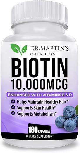 DR. MARTIN'S NUTRITION - Potente Biotina (Vitamina B7) 10.000 mcg com Vitamina D – Fortaleça seus cabelos e unhas