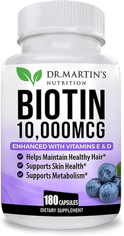 DR. MARTIN'S NUTRITION - Potente Biotina (Vitamina B7) 10.000 mcg com Vitamina D – Fortaleça seus cabelos e unhas