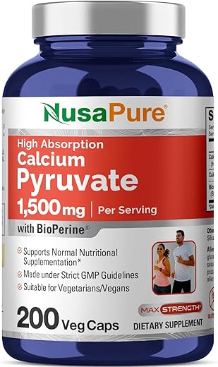 Calcium Pyruvate 1500mg 200 Cápsulas Vegetarianas (Sem OGM, Vegano) – 750mg por cápsula - NusaPure