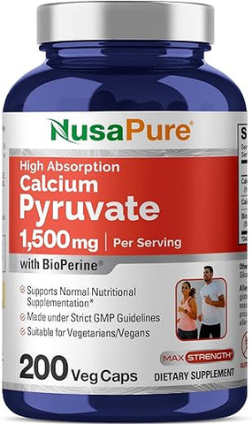 Calcium Pyruvate 1500mg 200 Cápsulas Vegetarianas (Sem OGM, Vegano) – 750mg por cápsula - NusaPure