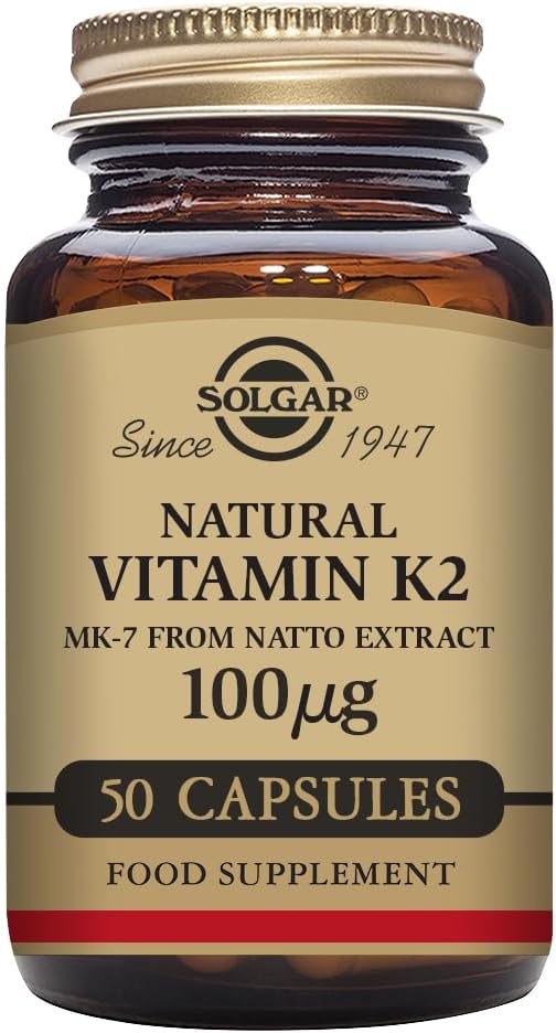 SOLGAR - Solgar Vitamina K2 MK7 100mcg Cápsulas Vegetais – Suporte à Saúde Óssea Fonte Natural de Alimento Integral a partir de Extrato de Natto – Sem OGM e Sem Glúten – 50 Unidades