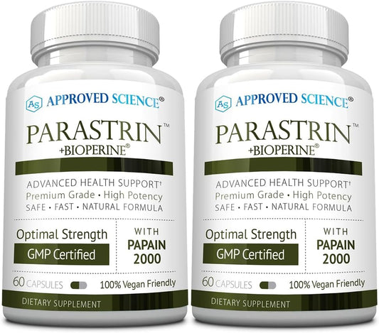 Parastrin – 120 Cápsulas – Limpeza e Melhora da Saúde Intestinal – Nogueira Preta, Alho, Papaína 2000, BioPerine – Vegano - Approved Science
