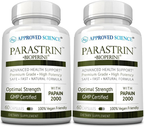 Parastrin – 120 Cápsulas – Limpeza e Melhora da Saúde Intestinal – Nogueira Preta, Alho, Papaína 2000, BioPerine – Vegano - Approved Science