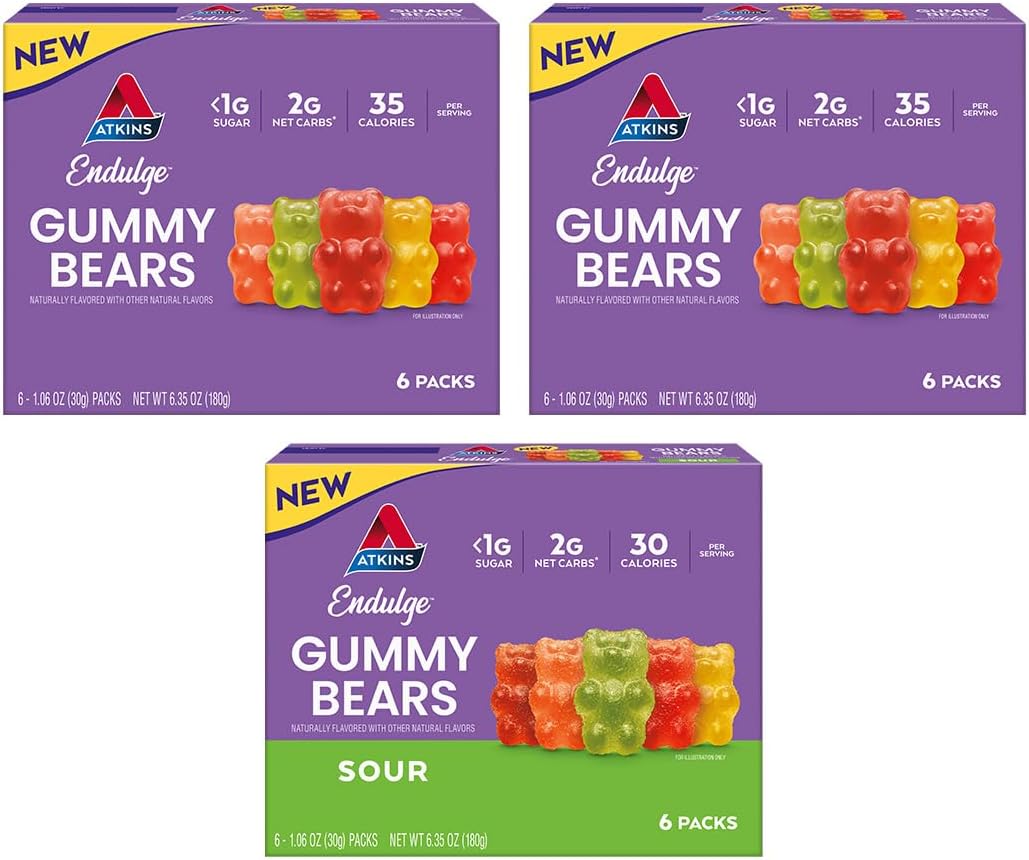 Novo Atkins Endulge Gummy Bears Pack Variado, Baixo Açúcar*, Amigo do Keto, Doces Keto, 18 Pack (12 Gummy Bears Doces, 6 Gummy Bears Azedos)