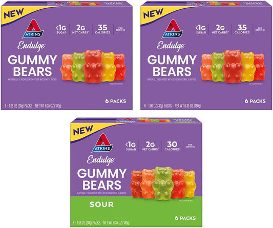 Novo Atkins Endulge Gummy Bears Pack Variado, Baixo Açúcar*, Amigo do Keto, Doces Keto, 18 Pack (12 Gummy Bears Doces, 6 Gummy Bears Azedos)