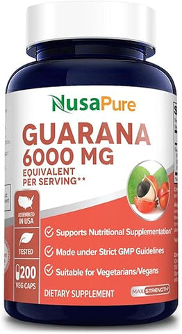 Extrato de Guaraná 6000mg 200 Cápsulas Vegetais (Sem OGM, Sem Glúten) - NusaPure