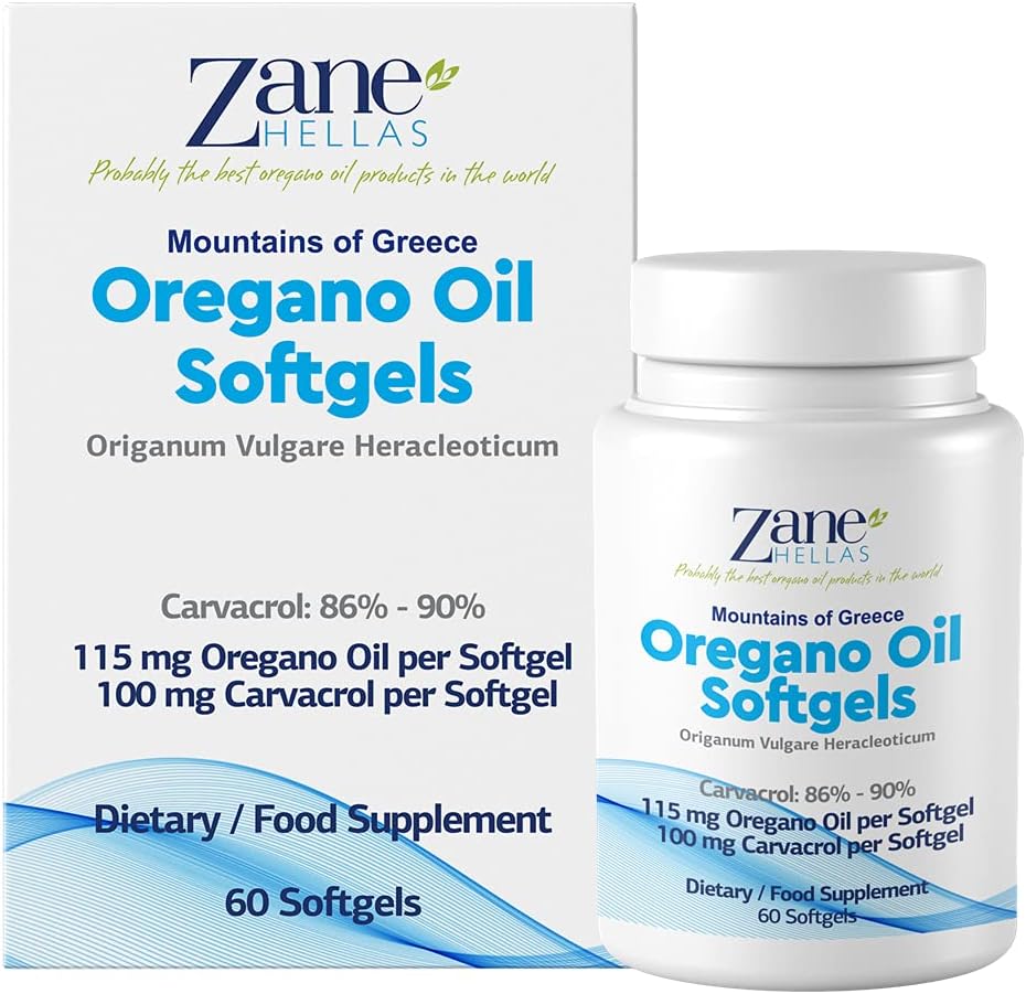 Zane HELLAS Probably the best oregano oil products in the world - Zane Hellas Softgels de Óleo de Orégano. Extra Forte. Cada Softgel Contém 15%% de Óleo Essencial de Orégano Grego. 64 mg de Carvacrol por Softgel. 60 Softgels. Pacote com 2
