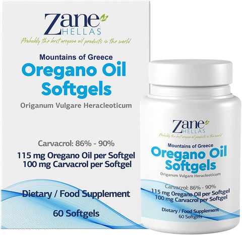 Zane HELLAS Probably the best oregano oil products in the world - Zane Hellas Softgels de Óleo de Orégano. Extra Forte. Cada Softgel Contém 15%% de Óleo Essencial de Orégano Grego. 64 mg de Carvacrol por Softgel. 60 Softgels. Pacote com 2