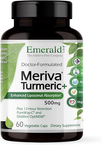 Meriva Turmeric Plus – Turmeric, OptiMSM e PureWay C – Propriedades Antioxidantes – Sem Glúten, Vegano, Não-OGM – 60 Cápsulas Vegetais - EMERALD LABS