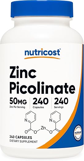Zinco Picolinato 50mg, 240 Cápsulas Vegetarianas – Livre de Glúten e Não-OGM (240 Caps) - Nutricost