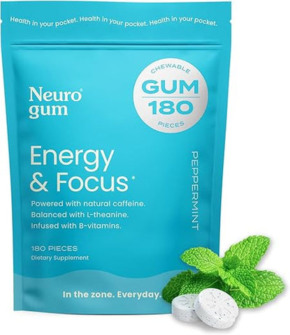 Energy – Goma de Cafeína (180 unidades) – Sem Açúcar com L-teanina, Cafeína Natural e Vitamina B12 - NeuroGum