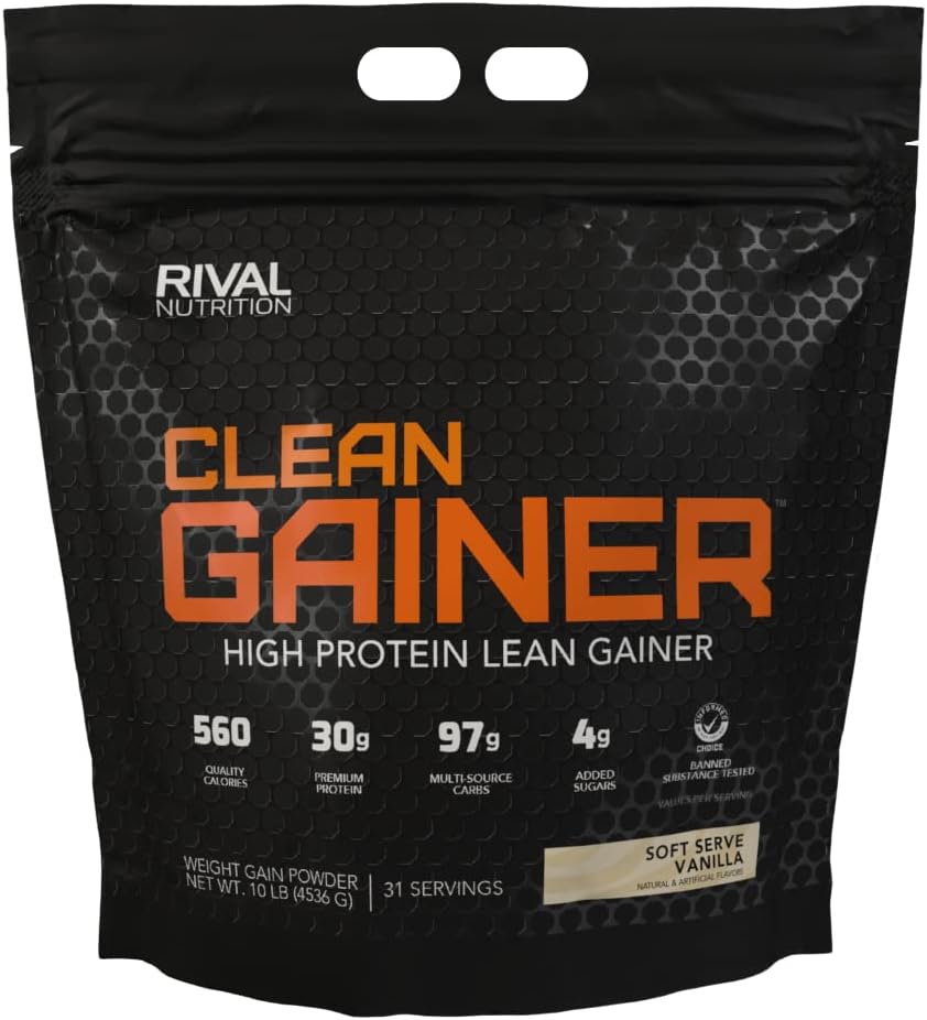 RIVAL NUTRITION - Rivalus Clean Gainer – Soft Serve Vanilla 4,536g – Delicioso Ganho de Massa Magra com Proteínas Lácteas Premium, Carboidratos Complexos e Lipídios de Qualidade, Sem Substâncias Proibidas