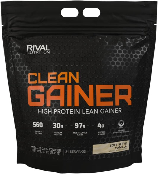 RIVAL NUTRITION - Rivalus Clean Gainer – Soft Serve Vanilla 4,536g – Delicioso Ganho de Massa Magra com Proteínas Lácteas Premium, Carboidratos Complexos e Lipídios de Qualidade, Sem Substâncias Proibidas