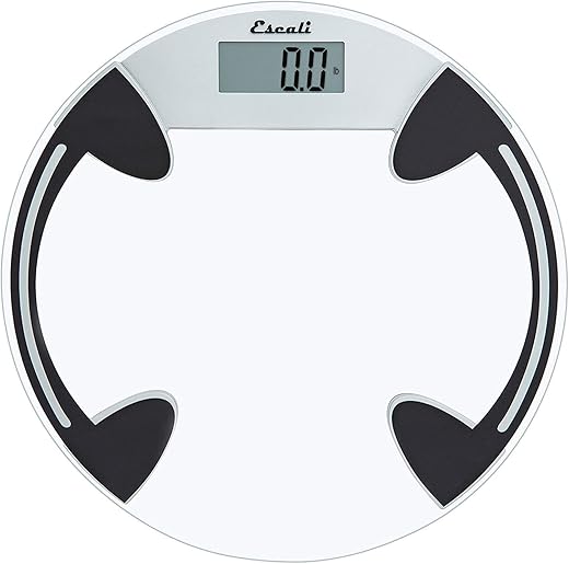 Balança Digital de Banheiro em Vidro para Peso Corporal, Alta Capacidade de 400 lb, Plataforma Redonda Transparente, Bateria Incluída - Escali