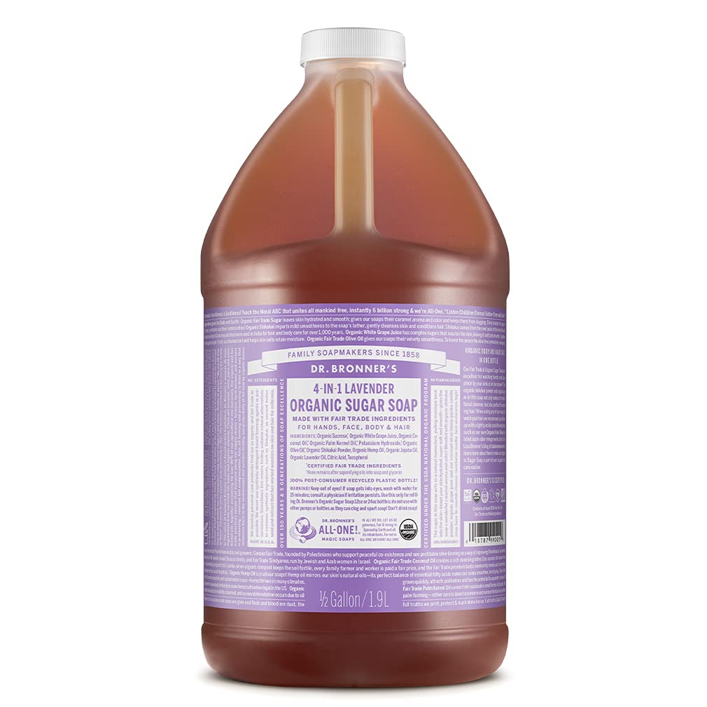 Dr. Bronner's - Dr. Bronner’s – Sabonete de Açúcar Orgânico (Lavanda, 64 Onças) – Feito com Óleos Orgânicos, Açúcar e Pó de Shikakai, 4 em 1: Mãos, Corpo, Rosto e Cabelo, Limpa e Hidrata