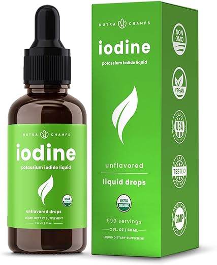 NutraChamps - Gotas de Iodo (Fornecimento de 1-2 Anos) – Suplemento Líquido Vegano de Iodo – Absorção Maior que Comprimidos – Tintura de Iodo 590 Porções