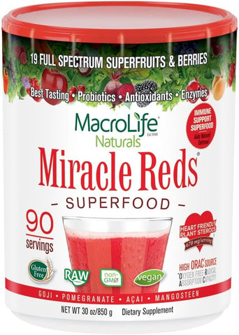 Miracle Reds – Pó de Suplemento Superfood Antioxidante com Polifenóis, Enzimas, Probióticos – Orgânico, Vegano, Sem Glúten - MacroLife Naturals