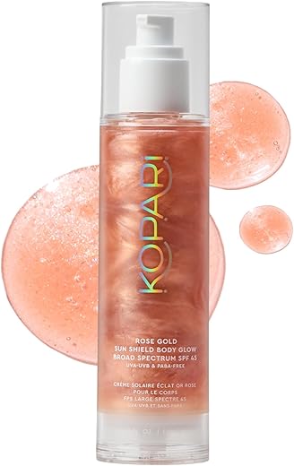 Protetor Solar Kopari Sun Shield Body Glow – FPS 45 Proteção UV Brilho Dourado Rosa – Resistente ao Suor – Vitamina E Antioxidante Vegano Cruelty Free – Macadâmia Hibisco Abacate – 100g