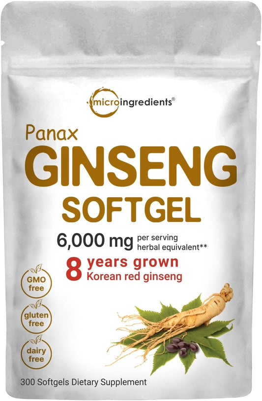 Suplemento de Ginseng Vermelho Panax Micro Ingredients 6.000mg por Porção, 300 Softgels | Extrato de Raiz de Ginseng Coreano de Alta Potência com Ginsenosídeos Ativos | Suporta Energia