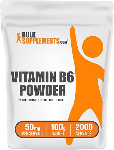 com Pó de Cloridrato de Piridoxina – Vitamina B6, 50mg – Suporte Imunológico, Sem Glúten, 50mg de Piridoxina B6 por Porção, 100g (1 Pacote) - BulkSupplements