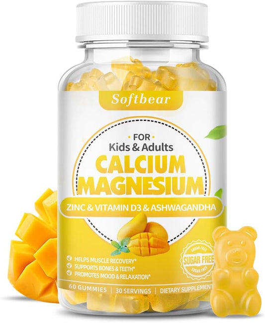 softbear - Softbear Gummies de Cálcio Magnésio Zinco para Mulheres, Alta Absorção de Cálcio Magnésio, Suplemento Mastigável de Cálcio 600 mg para Fortalecimento Ósseo, Sabor Vegano de Manga, 60 Gummies