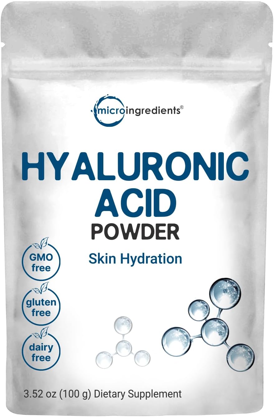 Micro Ingredients - Sérum de Ácido Hialurônico em Pó, 100g | Alto Peso Molecular, Grau Cosmético | Suplementos para Hidratação e Suporte à Umidade da Pele | Vegano, Solúvel em Água (Em até 2 horas)