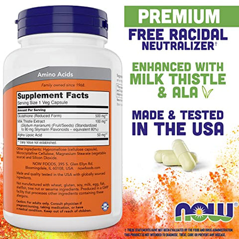 NOW Foods - Now Glutathione 500 mg, 100 Cápsulas Veganas (Pacote com 2) – Suplemento GSH na Forma Reduzida – Potencializado com Extrato de Cardo Mariano e Ácido Alfa Lipóico